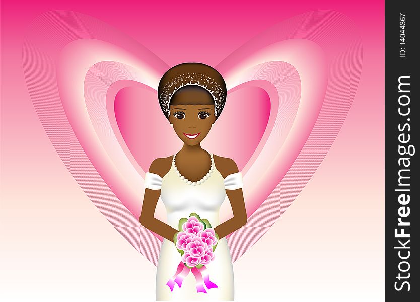 A beautiful bride in white, carrying a bouquet of pink flowers.  She has a petite afro hairstyle decorated with a white garland and pearls. A beautiful bride in white, carrying a bouquet of pink flowers.  She has a petite afro hairstyle decorated with a white garland and pearls.