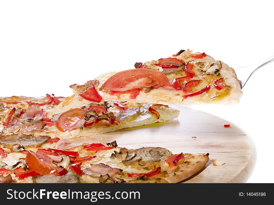 A slice of hot, fresh pizza being served. A slice of hot, fresh pizza being served