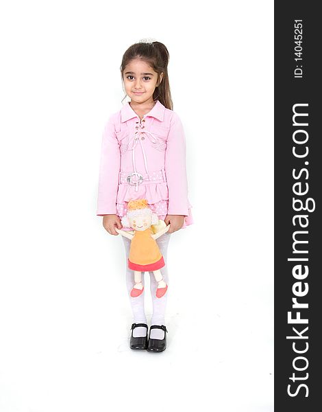 Cute girl with doll over white