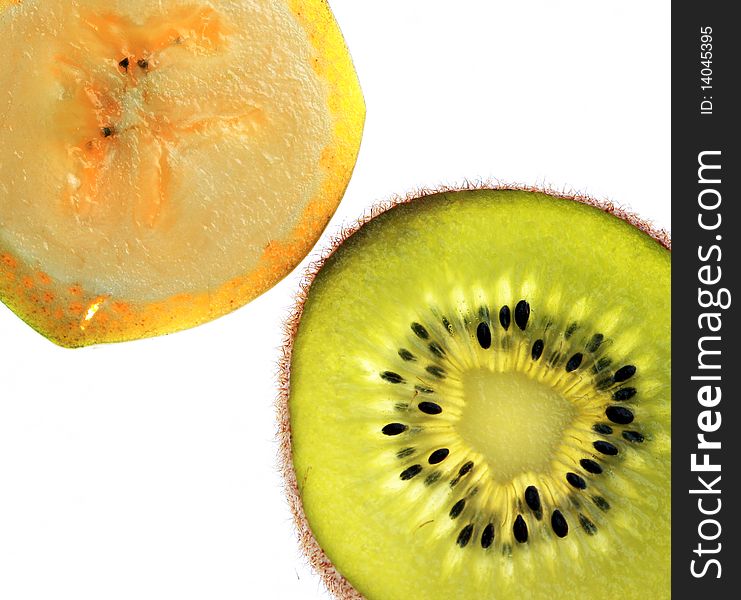 Slices and Kiwi and Banana, isolated on a white background. Slices and Kiwi and Banana, isolated on a white background.