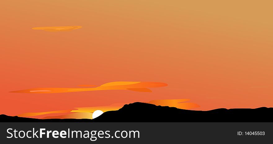 Illustration of sunrise or decline in mountains. Vector