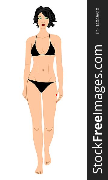 The brunette in a black bathing suit isolated on a white background. Vector