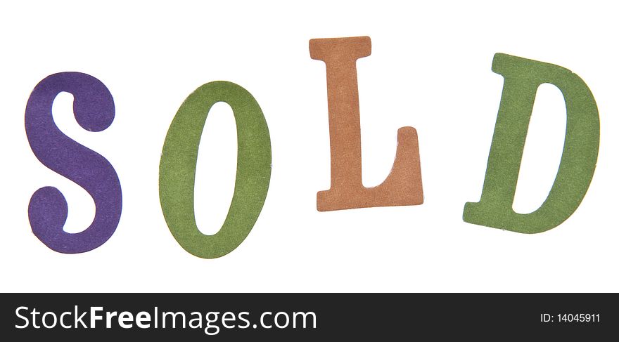 The word SOLD in fun pastel colored letters. File is isolated on white with a clipping path.