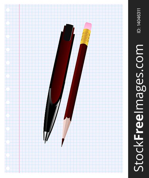 Pen and pencil on a sheet. Vector
