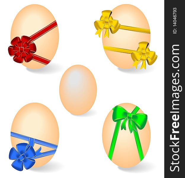 Realistic illustration of set by Easter eggs with bows. Vector