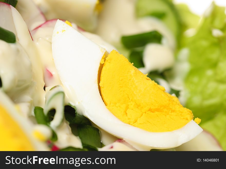 Salad with slice of egg close up on green lettuce. Salad with slice of egg close up on green lettuce