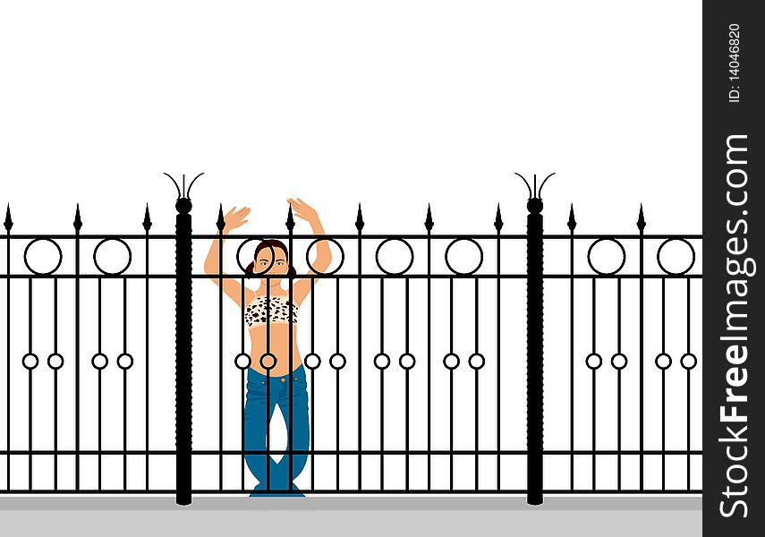 Illustration girl behind a fence. Vector