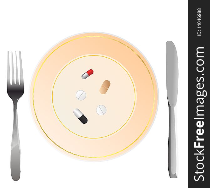 Nutritional care represented by a few pills serving on the plate. Vector