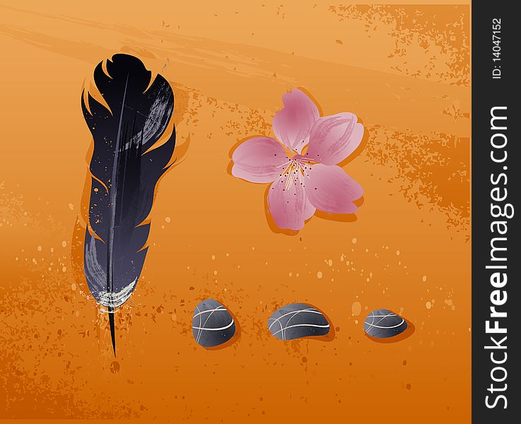 Illustration of objects, stones, feathers and a flower