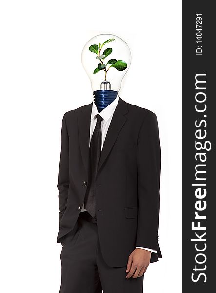 Green energy symbol - man with green light bulb head