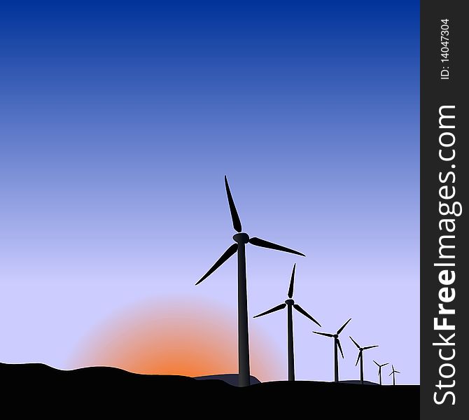 Realistic illustration wind generators of sunrise. Vector