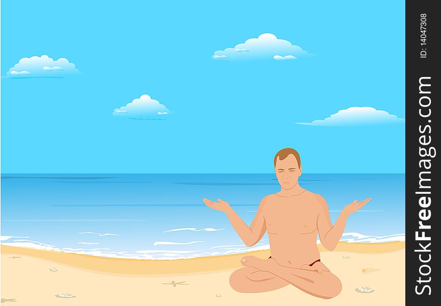 Illustration of yogas the man sits on a beach and meditates. Attention: using the resubmission ID, you will assign the same license (editorial or RF) selected upon your first submission. Vector