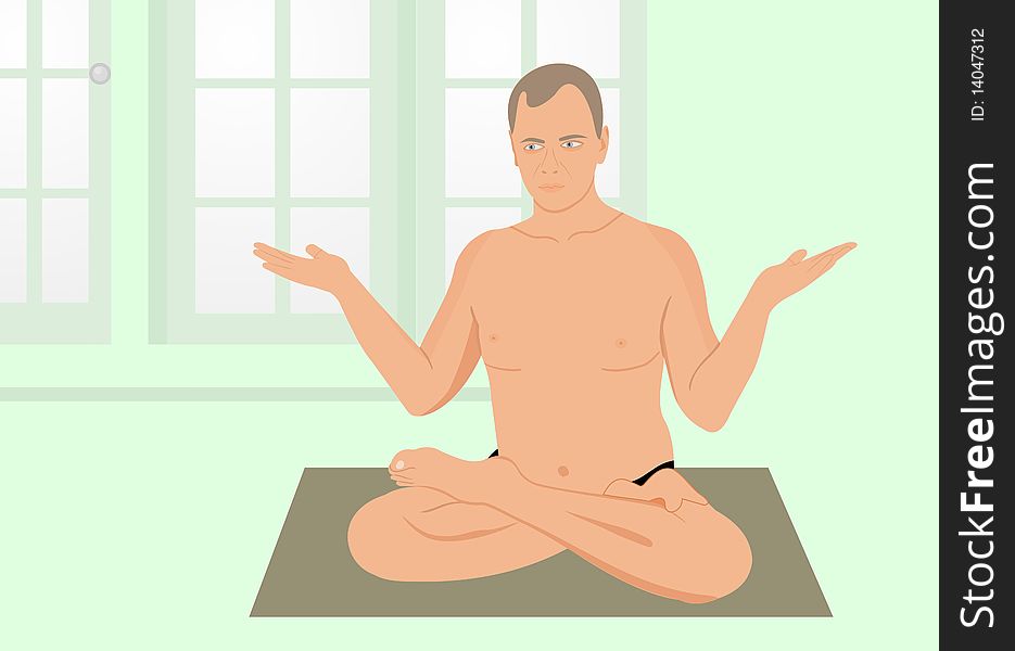 Realistic illustration of yogas the man meditates in sports hall. Vector