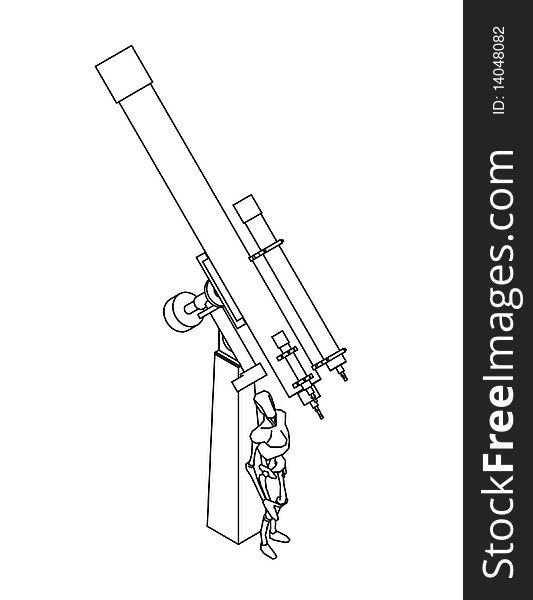 Illustration of large refractor telescope and manikin