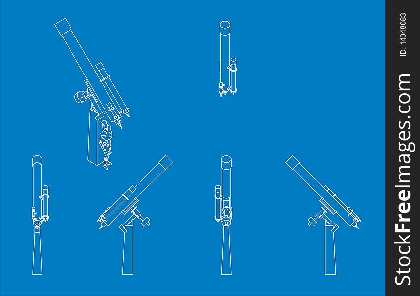 Blue print style illustration of a large refractor telescope
