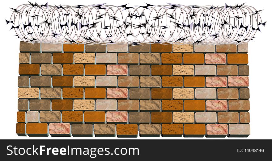 Razor wire on brick wall in 3d on white illustration