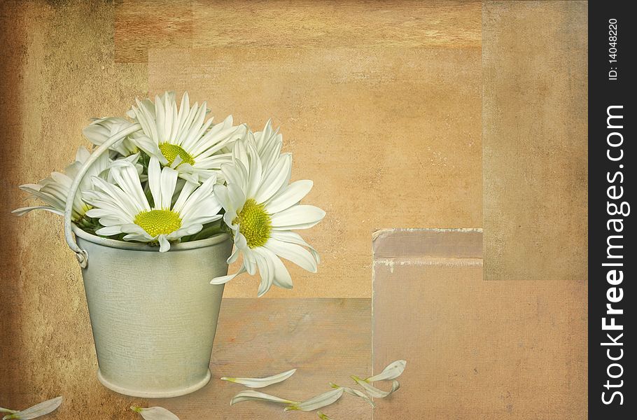 Daisy bouquet in country pail on textured background. Daisy bouquet in country pail on textured background.