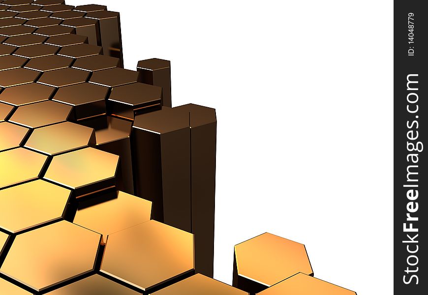 Abstract 3d illustration of golden hexagons background with copyspace
