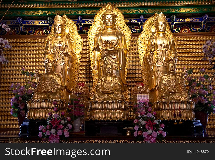 One Buddha and Two Quan-Yin in baromraja temple thailand