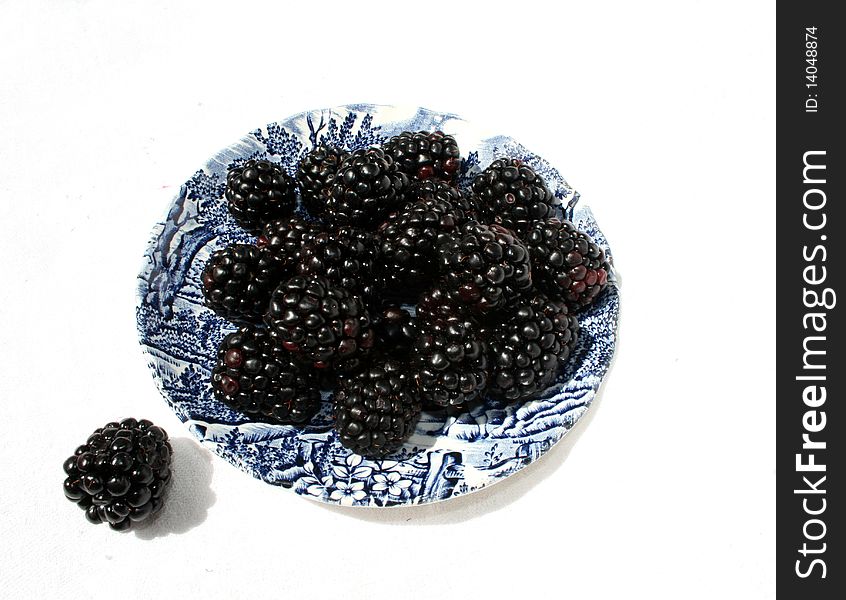 Blackberry on the blue decorated porcelain dish. Blackberry on the blue decorated porcelain dish