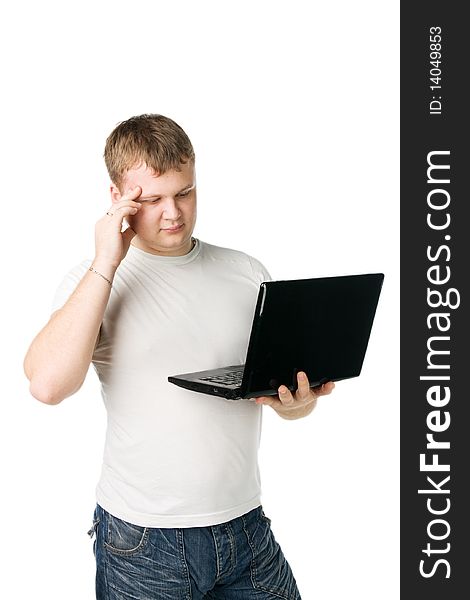 Thoughtful businessman standing with his Notebook - White Background