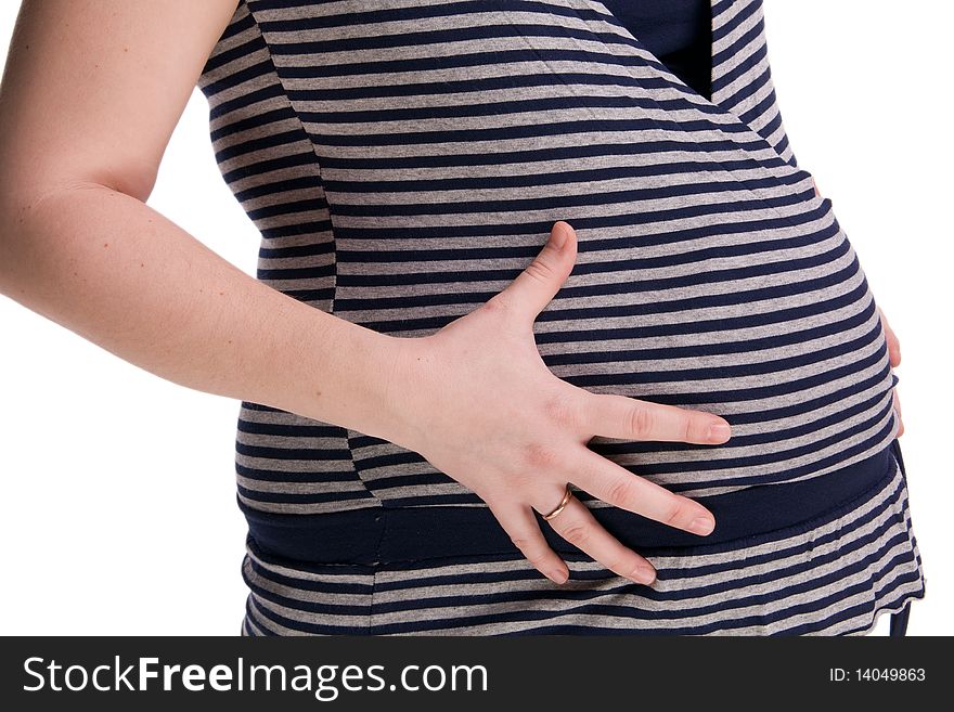 Pregnant belly with hands isolated on white. Pregnant belly with hands isolated on white