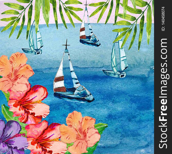 Watercolor seascape and colorful flowers Illustration for design wedding invitations, greeting cards