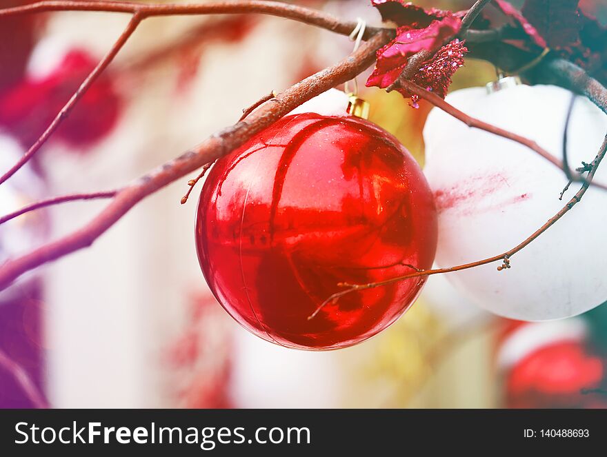 Beautiful Christmas toys on the street photographed close-up