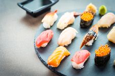 Nigiri Sushi Set With Salmon Tuna Shrimp Prawn Eel Shell And Other Sashimi Royalty Free Stock Photography Nigiri Sushi Set With Salmon Tuna Shrimp Prawn Eel Shell And Other Sashimi Royalty Free Stock Photography