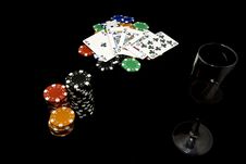 Royal Flush, Chips And Glass Of Wine Stock Images