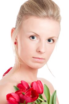 Young Woman With Bunch Of Tulips Stock Images Young Woman With Bunch Of Tulips Stock Images