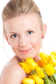Young Woman With Bunch Of Tulips Royalty Free Stock Photo