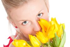 Young Woman With Bunch Of Tulips Royalty Free Stock Image Young Woman With Bunch Of Tulips Royalty Free Stock Image