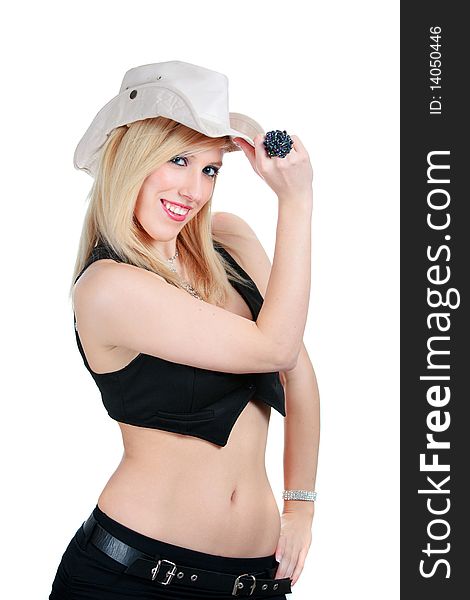 Fashionable happy blond cowgirl isolated on white. Fashionable happy blond cowgirl isolated on white