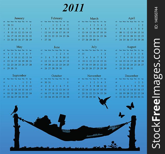 2011 calendar with woman reading in a hammock