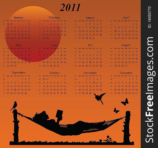 2011 calendar with woman reading in a hammock