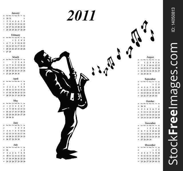 2011 calendar with musician playing the saxophone