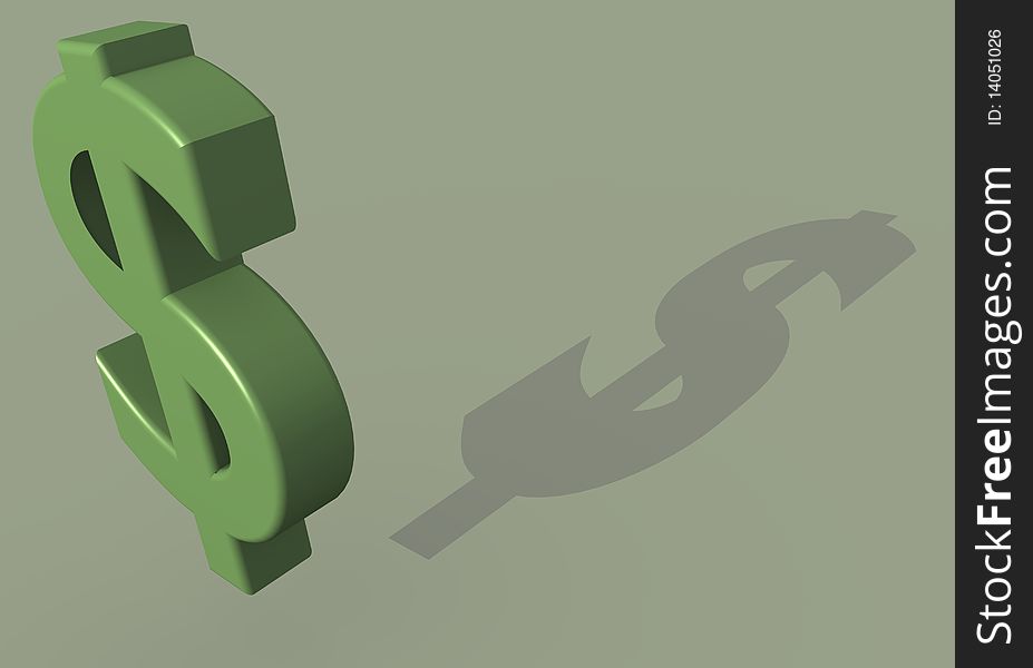 Rendering of dollar symbol in green colors with shadow.