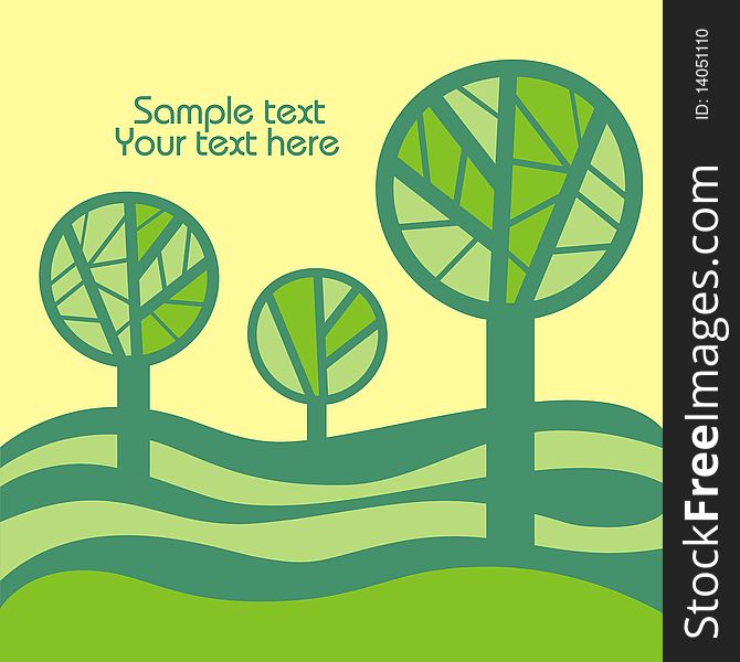 Three green trees on the yellow background. Vector illustration. Three green trees on the yellow background. Vector illustration.
