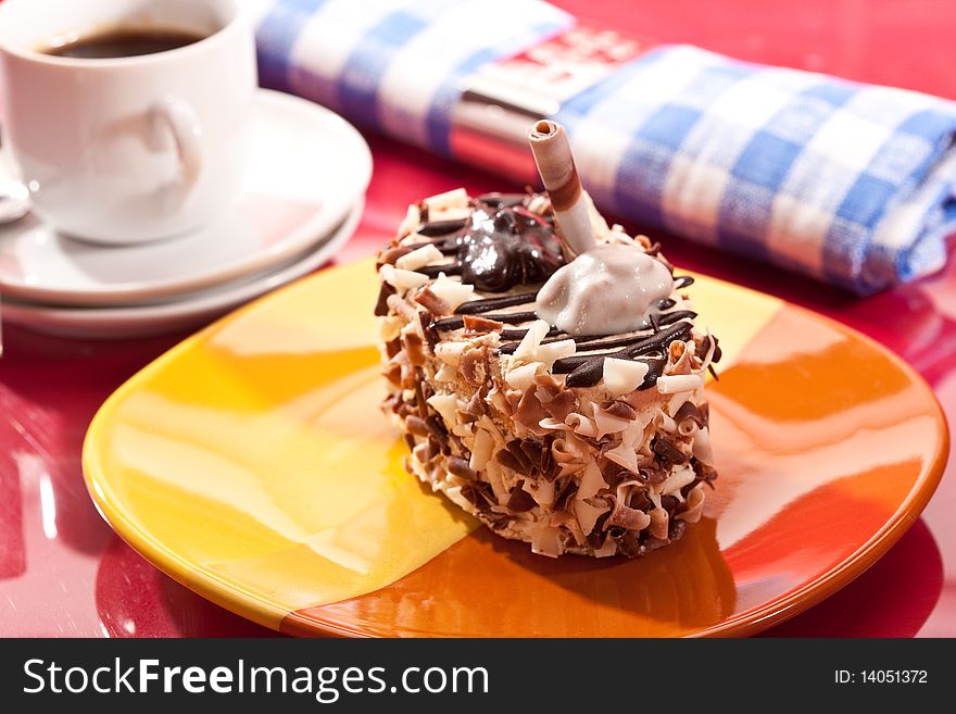 Food series: sweet chocolate iced cake with coffee