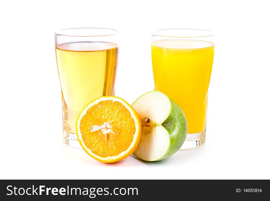 Glass of apple and orange juice isolated on a white background