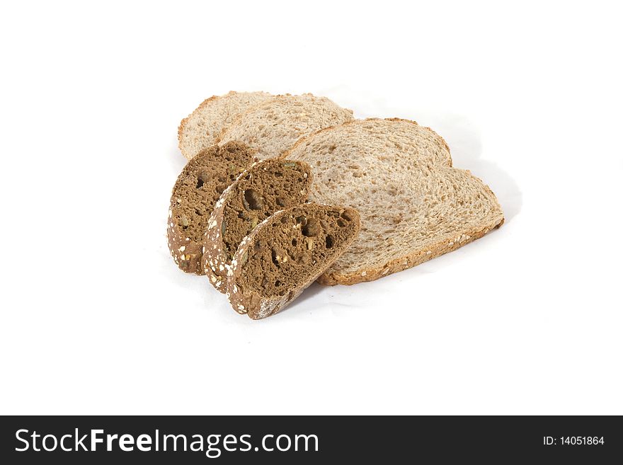 Several kinds of bread on a white background.