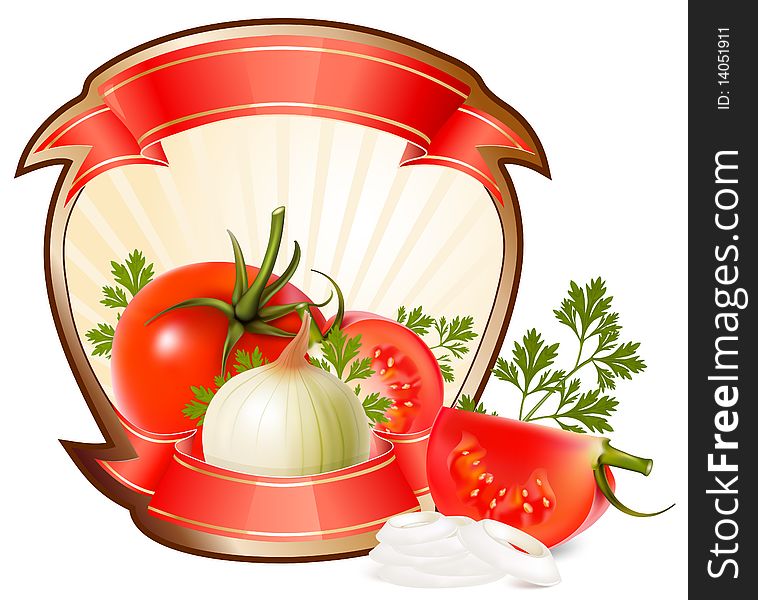 Label for a product (ketchup, sauce) with photo-realistic vector illustration of vegetables.