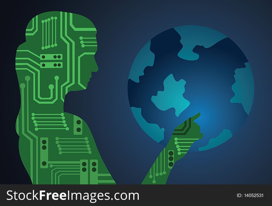 An image showing a silhouette of a woman made from electronic circuits touching the globe. An image showing a silhouette of a woman made from electronic circuits touching the globe