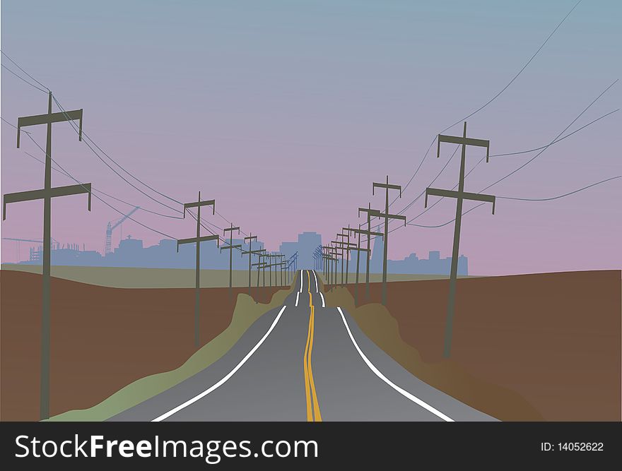 Illustration with electric line near road. Illustration with electric line near road