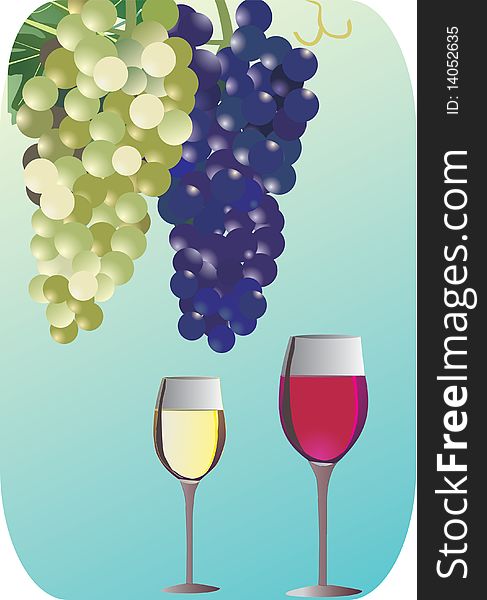 Illustration with grapes and wine glasses on blue background. Illustration with grapes and wine glasses on blue background