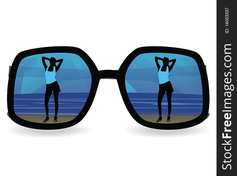 The girl against the sea, reflected in sun glasses