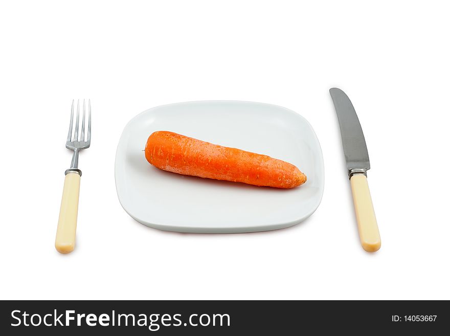 Knife, plug and plate with carrot on white background. Knife, plug and plate with carrot on white background