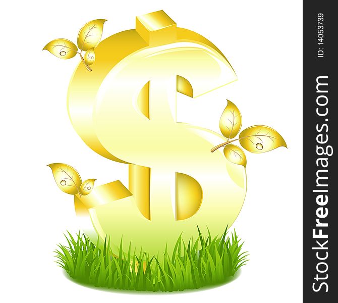 Golden Dollar Sign With Leaves. Vector