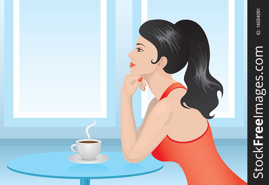 Lady in red drinking coffee